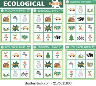 Juego de tarjetas de bingo ecológicas vectoriales. Juego de mesa de la lotería familiar divertida con bonitos símbolos de conciencia ecológica para los niños. Actividad de la lotería del día de la Tierra. Hoja de trabajo simple imprimible educacional.
