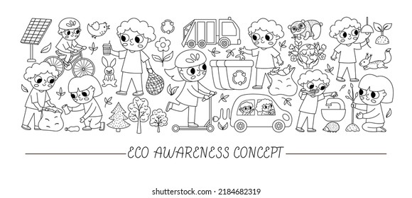 Vector ecological black and white horizontal set with cute children caring of nature. Earth day card template for banners, invitations. Cute environment friendly coloring page with planet