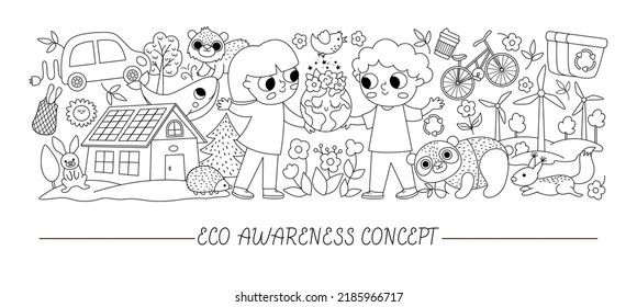 Vector ecological black and white horizontal set with cute children caring of nature. Earth day card template for banners, invitations. Cute environment friendly coloring page with planet
