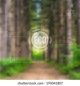 Vector ecological blurred illustration with road, trees and eco label. Can be used for website design, infographic.