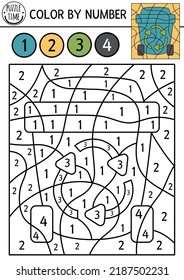 Vector ecological color by number activity with rubbish container. Eco awareness scene. Black and white counting game with zero waste concept. Earth day coloring page for kids with waste bin
