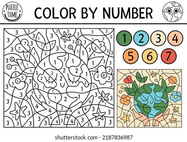 Vector Ecological Color By Number Activity With Hands Holding Planet. Eco Awareness Scene. Black And White Counting Game With Cute Earth. Earth Day Coloring Page For Kids
