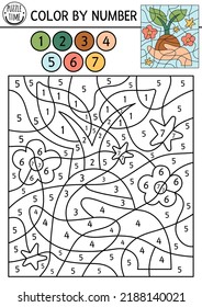 Vector ecological color by number activity with hands holding plant. Eco awareness scene. Black and white counting game with cute sprout. Earth day coloring page for kids
