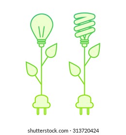 Vector ecological concept illustration. Eco friendly energy saving bulb. Set of flowers with lightbulb heads and plugs.  