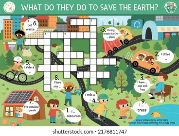 Vector ecological crossword puzzle for kids. Earth day quiz with eco city landscape for children. Eco awareness educational activity. Cute cross word with environment friendly scene
