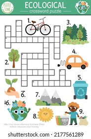 Vector ecological crossword puzzle for kids. Simple Earth day quiz with eco city landscape for children. Eco awareness educational activity. Cute cross word with forest, planet, plants
