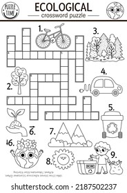 Vector ecological crossword puzzle for kids. Black and white Earth day coloring page with eco city landscape. Eco awareness educational line activity. Cute cross word with forest, planet
