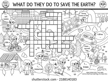 Rompecabezas ecológico de vectores para niños. Prueba del Día de la Tierra en blanco y negro con paisaje de ciudades ecológicas. Actividad de la línea educativa de sensibilización ecológica o página de coloración. Palabra cruzada agradable con el ambiente
