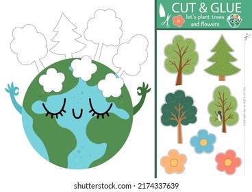 Vector ecological cut and glue activity. Crafting game with planet and trees. Fun printable worksheet for children. Find the right piece of the puzzle. Earth day complete the picture page
