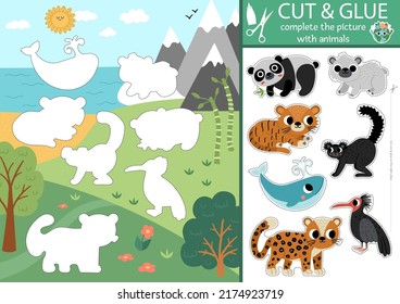 Vector ecological cut and glue activity. Crafting game with nature scene and endangered animals. Fun printable worksheet. Find right piece of the puzzle. Earth day complete the picture page
