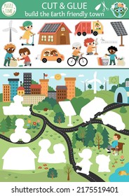 Vector ecological cut and glue activity. Crafting game with earth friendly town. Fun printable worksheet for children. Find the right piece of the puzzle. Earth day complete the picture page
