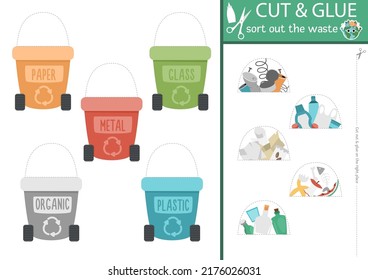 Vector ecological cut and glue activity. Crafting game with rubbish containers. Fun printable worksheet for children. Find the right piece of the puzzle. Complete the picture zero waste page
