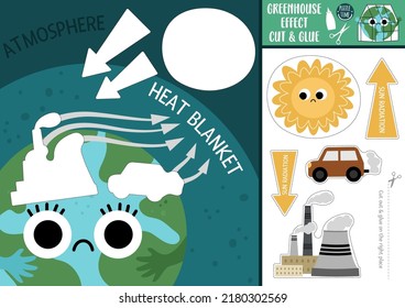 Vector ecological cut and glue activity. Earth day crafting game with greenhouse effect. Eco awareness printable worksheet. Find the right piece of the puzzle. Explanatory complete the picture
