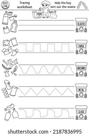 Vector ecological handwriting practice worksheet. Eco awareness printable black and white activity for preschool children. Tracing game for writing skills. Coloring page with waste sorting concept
