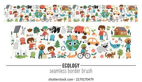 Vector Ecological Horizontal Seamless Pattern Brush With Cute Children Caring Of Nature. Earth Day Border. Cute Environment Friendly Repeating Background With Eco Planet Concept
