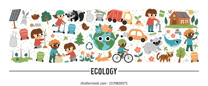 Vector ecological horizontal set with cute children caring of nature. Earth day card template for banners, invitations. Cute environment friendly illustration with planet, waste recycling concept
