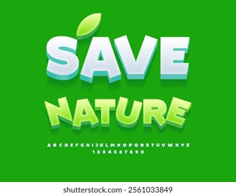 Vector ecological icon Save Nature with decorative Leaf. White 3D Font. Modern Alphabet Letters and Numbers set