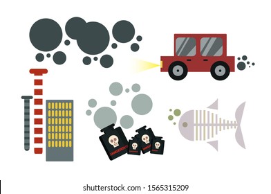 vector ecological icons flat design. Set of ecology icons for graphic and web design. air pollution vector. water pollution vector. factory pollution vector. Environmental pollution concept. 