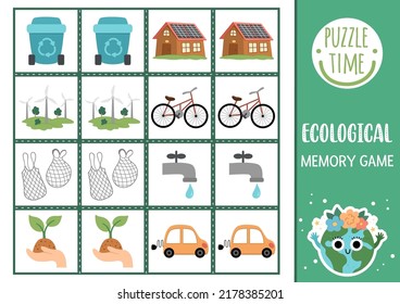 Vector ecological memory game cards with traditional environment friendly symbols. Eco awareness matching activity. Remember and find correct card. Earth day printable worksheet for kids
