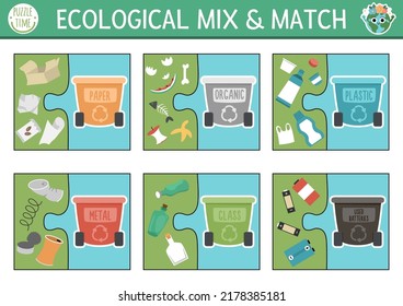 Mezcla ecológica vectorial y rompecabezas de correspondencia con el concepto de clasificación de residuos. Actividad de concientización ecológica para niños preescolares. Desechos cero ecológicos juego educativo imprimible con contenedores y basura
