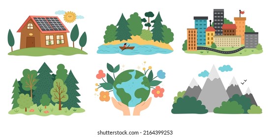 Vector ecological nature set. Environment friendly concept with forest, mountain, river landscape. Eco city and house illustration. Cute earth day collection with outdoor scenes 
