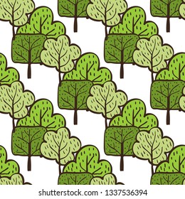 Vector ecological pattern with hand drawn trees. Green nature background. Doodle cartoon spring and summer seamless pattern.