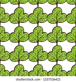 Vector ecological pattern with hand drawn trees. Green nature background. Doodle cartoon spring and summer seamless pattern.