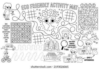 Vector Ecological Placemat For Kids. Eco Awareness Printable Activity Mat With Maze, Tic Tac Toe Charts, Connect The Dots, Find Difference. Earth Day Black And White Play Mat Or Coloring Page
