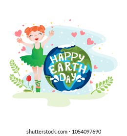 Vector ecological poster with a cute little girl, the globe of the Earth and the message: Happy Earth Day.