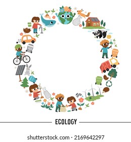 Marco circular ecológico vectorial con niños lindos que cuidan de la naturaleza. Plantilla de tarjeta del día de la Tierra para banners, invitaciones. Ilustración de la corona ecológica con el planeta
