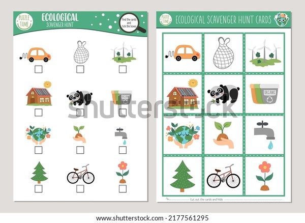 Vector\
ecological scavenger hunt cards set. Seek and find game with cute\
eco awareness symbols for kids. Earth day searching activity.\
Simple educational printable\
worksheet\
