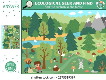 Vector ecological searching page with forest landscape and rubbish. Spot hidden garbage in the picture. Simple zero waste seek and find educational printable activity for kids. Earth day game
