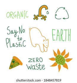 Vector ecological set in green and orange colors.Collection of illustrations and lettering.Clip art with polar bear,sunflower,pizza,organic,zero waste.Design for social networks,posters,packages.