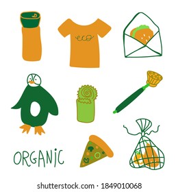 Vector ecological set in green and orange colors.Collection of illustrations and lettering.Clip art with penguin,pizza,organic,thermal mug,metal, brush.Design for posters,T-shirts,packages.