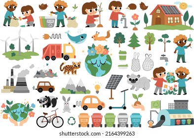 Vector ecological set for kids. Earth day collection with cute children, planet, waste recycling concept. Environment friendly pack with alternative energy, solar panels, endangered animals
