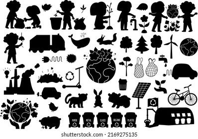 Vector ecological silhouettes set for kids. Earth day shadow drawing collection with cute children, planet, waste recycling concept. Environment friendly black stencils pack
