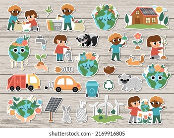 Vector ecological stickers set for kids. Earth day patches collection with cute children, planet, waste recycling concept. Environment friendly badges pack
