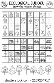 Vector Ecological Sudoku Puzzle For Kids With Pictures. Simple Black And White Earth Day Quiz Or Coloring Page. Eco Awareness Education Line Activity With Zero Waste Concept. Find Missing Objects
