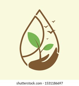 Vector ecological symbols. Human's hands and green growing plants. 