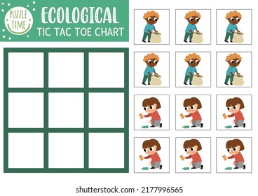 Vector ecological tic tac toe chart with cute kids gathering waste. Eco awareness board game playing field. Zero waste or Earth day printable worksheet. Noughts and crosses grid 
