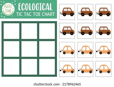 Vector ecological tic tac toe chart with alternative transport. Eco awareness board game playing field. Funny Earth day printable worksheet with electro car. Noughts and crosses grid 
