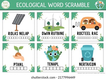 Vector Ecological Word Scramble Activity Flash Cards. English Language Game With Traditional Eco Symbols For Kids. Eco Awareness Quiz. Environment Friendly Educational Printable Worksheet
