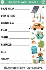 Vector ecological word scramble activity page. English language game with traditional eco symbols for kids. Eco awareness quiz. Environment friendly educational printable worksheet
