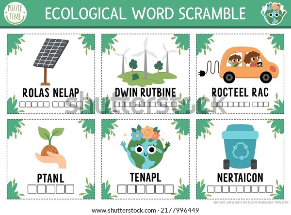 Vector ecological word scramble activity\
flash cards. English language game with traditional eco symbols for\
kids. Eco awareness quiz. Environment friendly educational\
printable worksheet\
