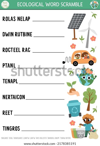 Vector\
ecological word scramble activity page. English language game with\
traditional eco symbols for kids. Eco awareness quiz. Environment\
friendly educational printable\
worksheet\
