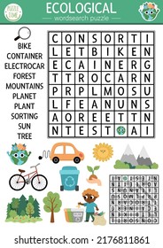 Vector ecological wordsearch puzzle for kids. Earth day word search quiz with forest, mountains, waste sorting, planet. Eco awareness educational activity. Environment friendly cross word
