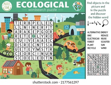 Vector ecological wordsearch puzzle for kids. Earth day word search quiz with eco city landscape. Eco awareness educational activity. Cross word with environment friendly scene
