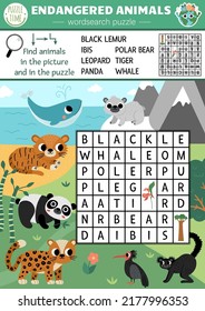 Vector ecological wordsearch puzzle for kids with endangered species. Earth day word search quiz with extinct animals in the wild. Eco awareness educational activity. Cross word with panda, leopard
