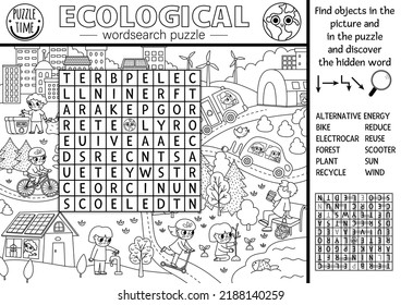 Vector ecological wordsearch puzzle for kids. Black and white Earth day word search quiz with eco city landscape. Eco awareness line activity. Environment friendly cross word, coloring page