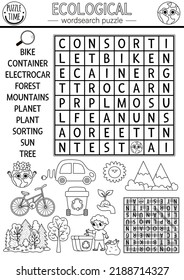 Rompecabezas de búsqueda ecológica de palabras para niños. Página de búsqueda de palabras en blanco y negro del Día de la Tierra con bosque, clasificación de desechos. Actividades educativas de sensibilización ecológica. Palabra cruzada respetuosa con el medio ambiente